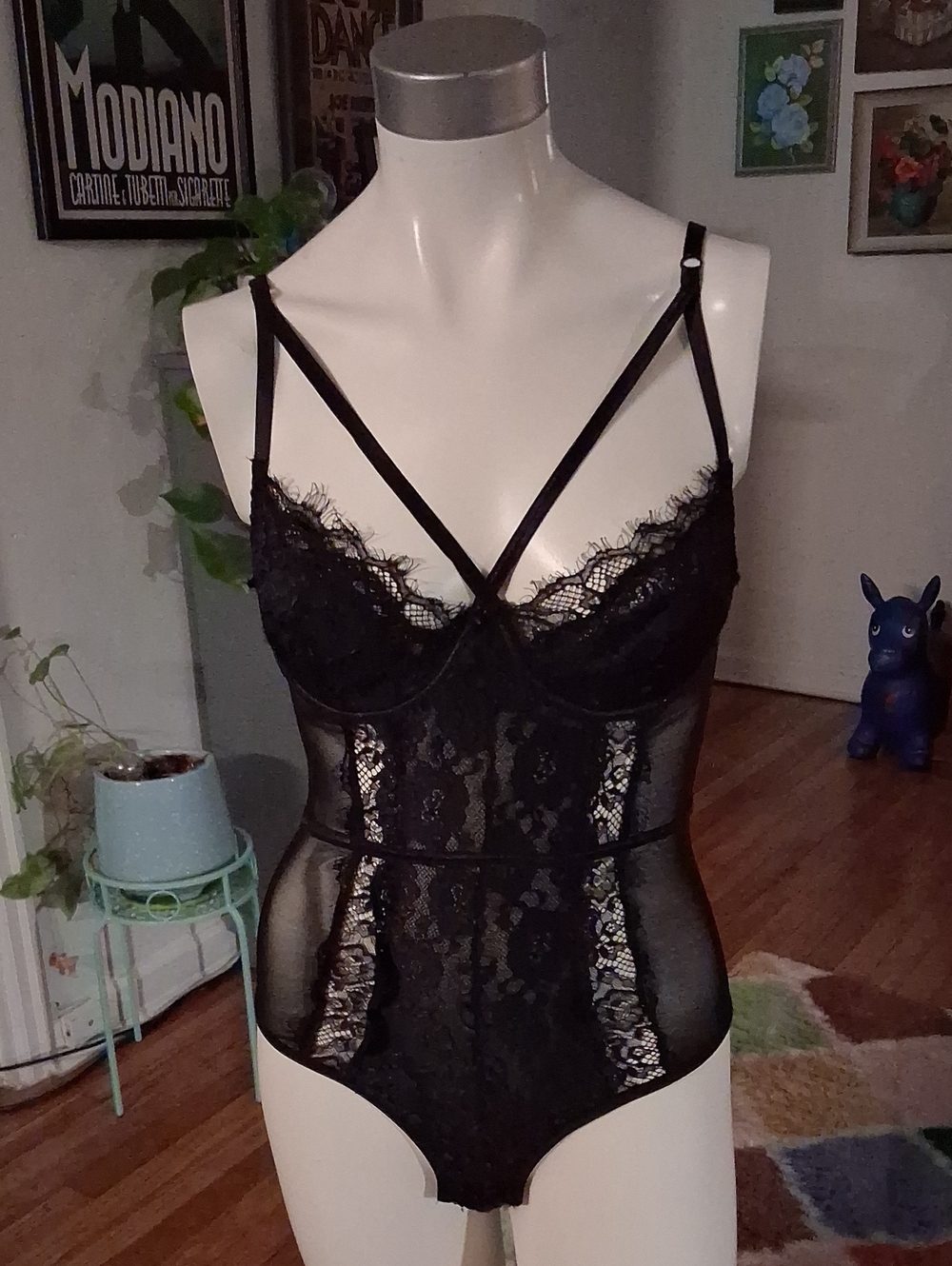 Fashion Nova Black Lace Bodysuit with Strappy V-Front